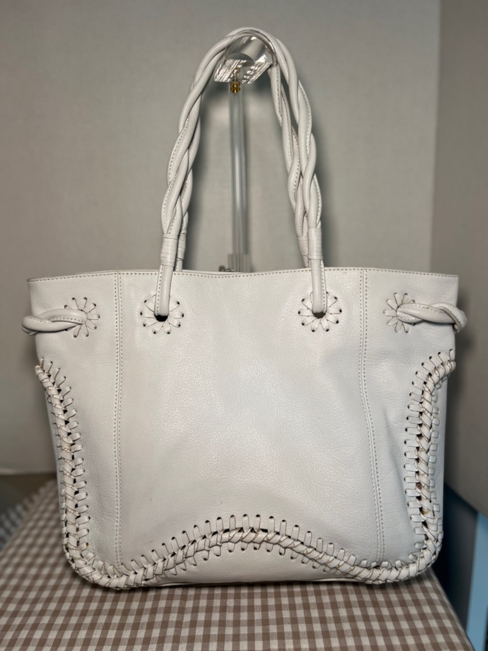 Jack Rogers White Whip Stitched Leather Tote with Braided Straps